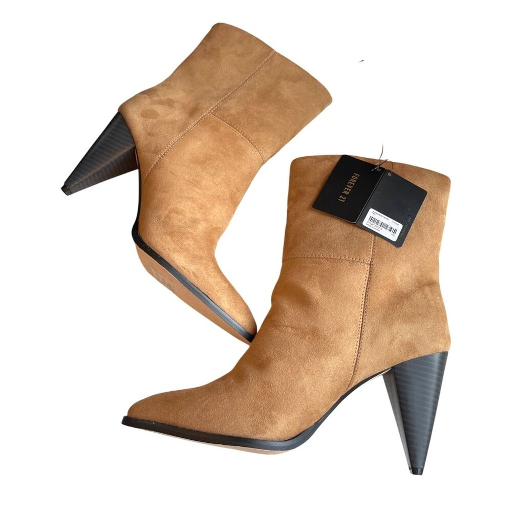 Forever 21 Tan Pointed Toe Ankle Boots Size 10 Faux Suede Cone Heels New Booties - Picture 1 of 8